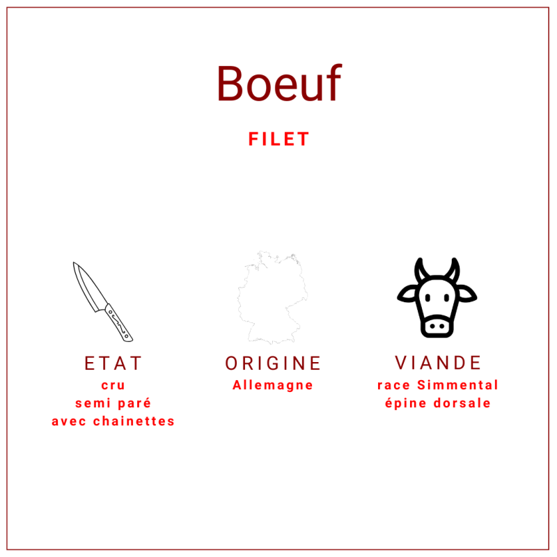 Filet de boeuf Simmental entier, semi paré et surgelé