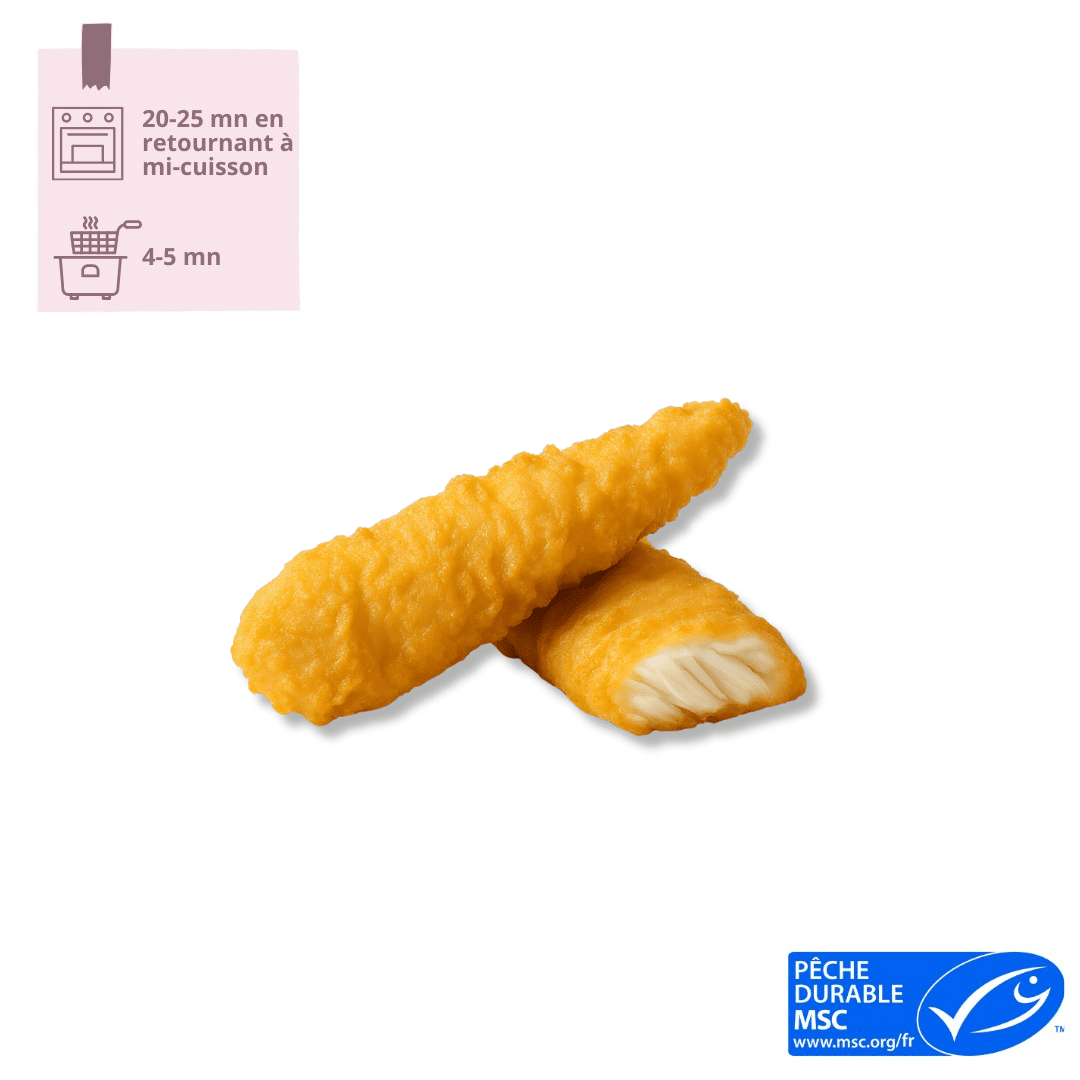 Filet de colin surgelé et enrobé d'une pâte à beignet