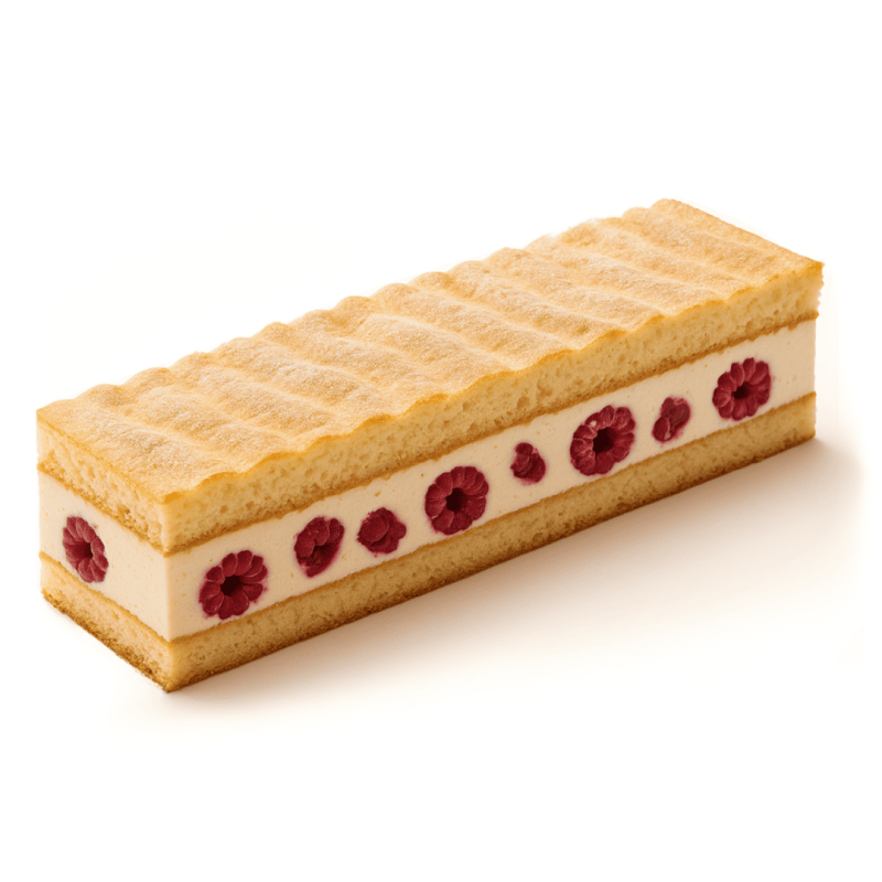 Entremets d'amandes et vanille framboises