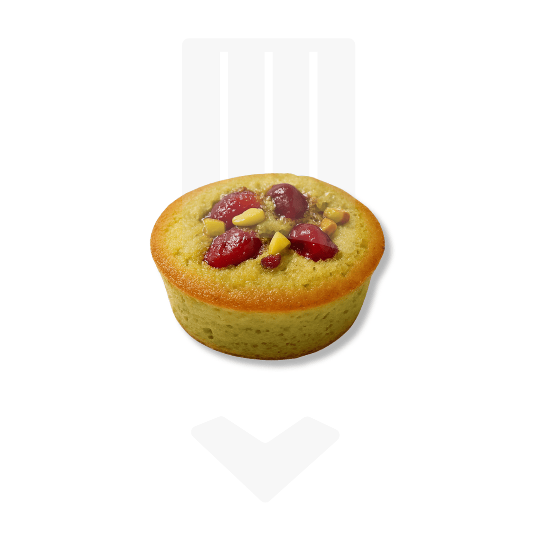 Cake financier pistaches et griottes, pièce de +/- 40gr