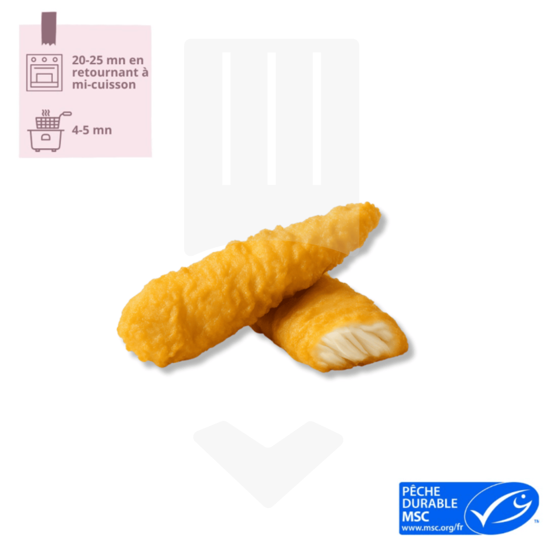 Filet de colin surgelé et enrobé d'une pâte à beignet