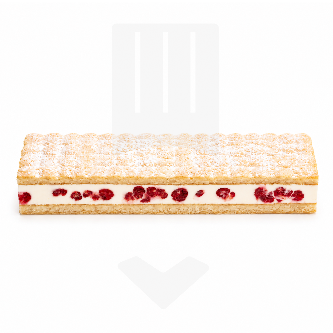 Entremets d'amandes et vanille framboises